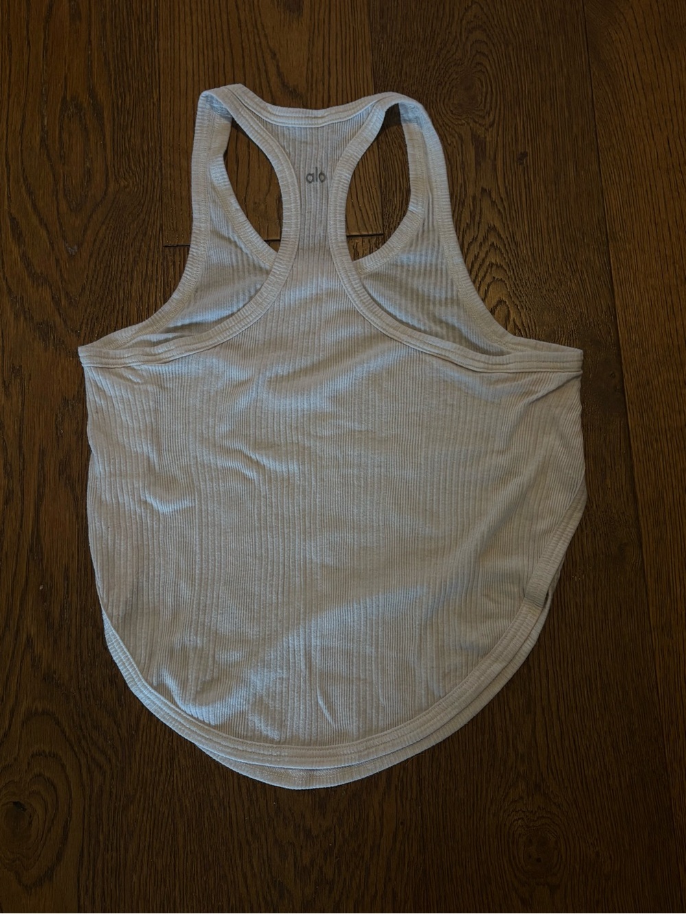 ALO Yoga Ribbed White Racerback Tank with Subtle Pink Script - Picture 2 of 2
